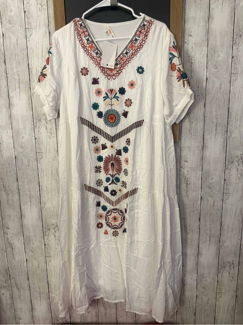 Orange Creek White Maxi Embroidered Boho Short Sleeve Lined Dress M/L